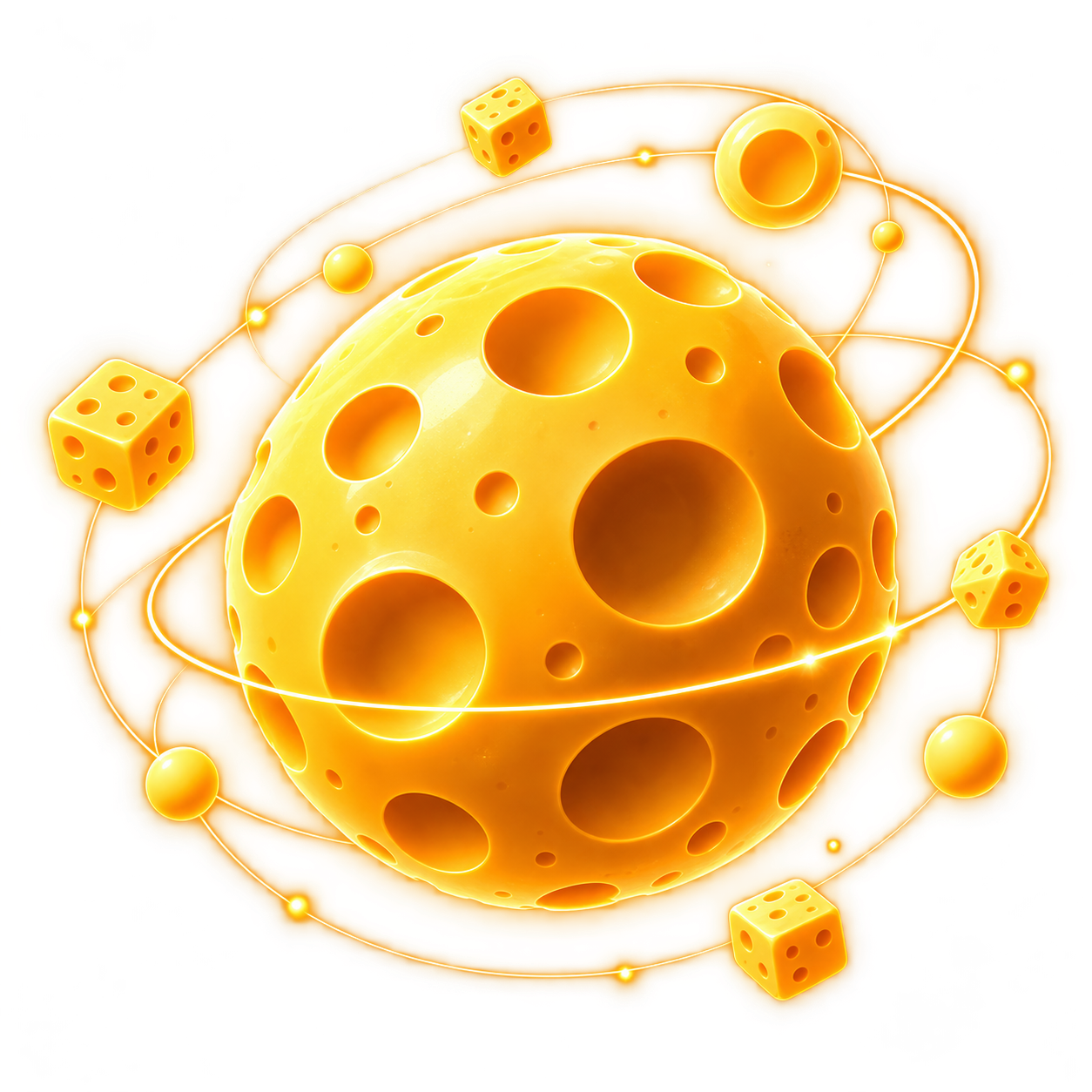 Golden cheese planet surrounded by glowing orbits, satellites and floating cheese cubes