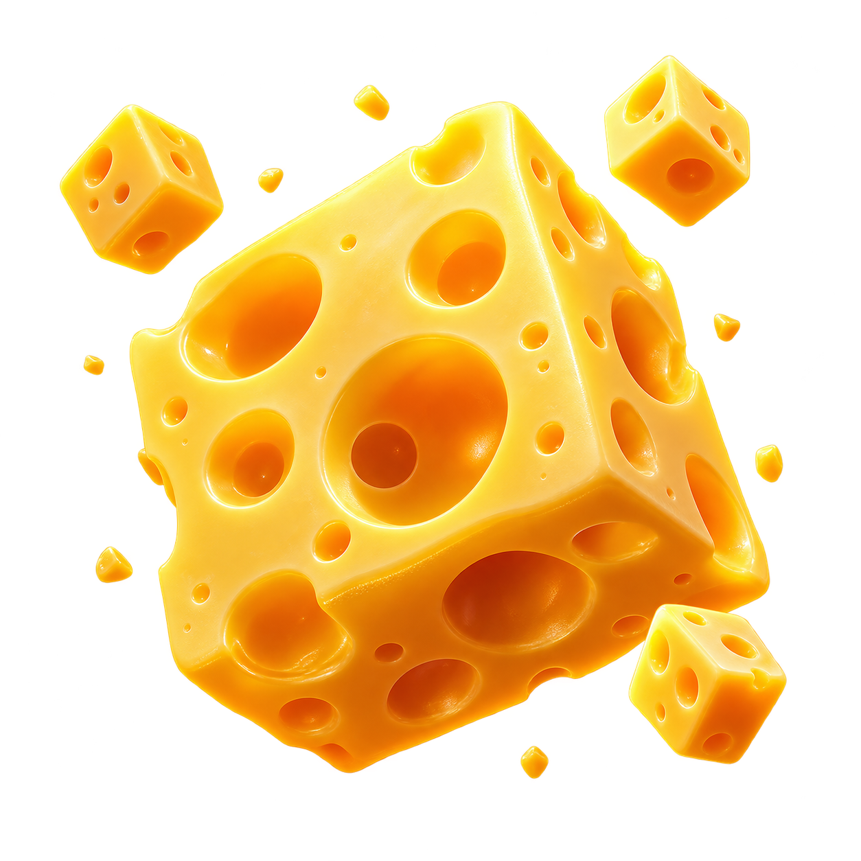 Golden cheese cube with floating pieces